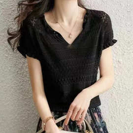2025夏季新款女装盐清爽气质通勤镂空木耳边冰丝针织衫短袖T恤女
