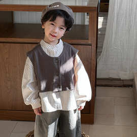 春装男童竖条长袖衬衫中小童简约短装马甲两件套装宝宝圆领小男孩