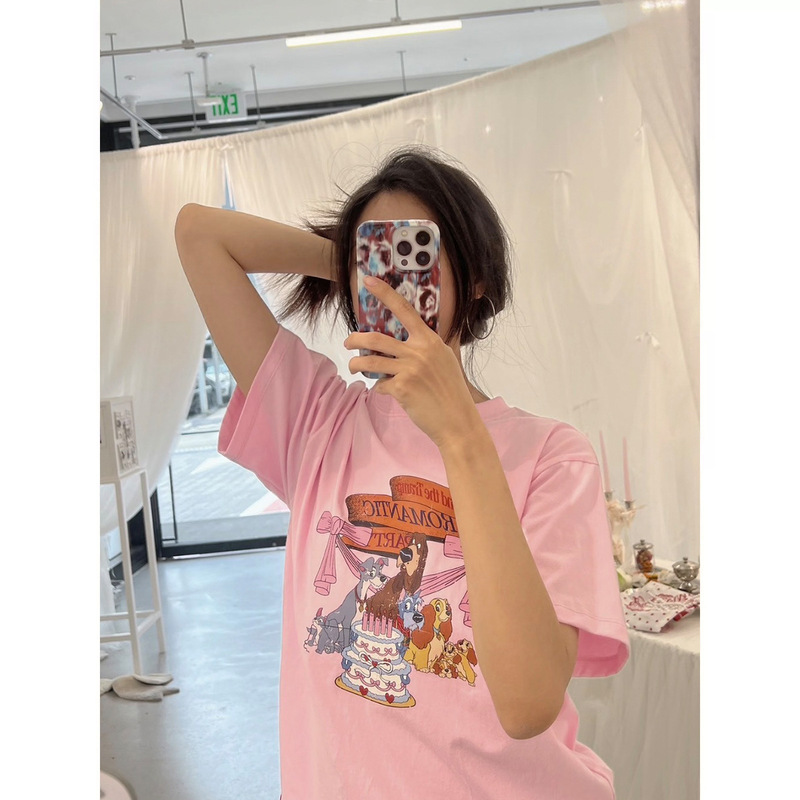 Now the 2026 Summer New Model Korean Designer Ronr*N Cartoon Puppy Birthday Party Printed Short-Sleeved T-Shirt for Women