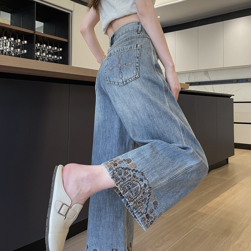 女性用刺繍レース9点ジーンズ2025夏薄手スリムで万能な小柄な人向けのゆったりストレートワイドレッグパンツ|undefined