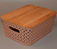 X型竹盖收纳篮带 PP化妆篮竹盖 家用竹盖收纳整理箱外贸出口 BSCI