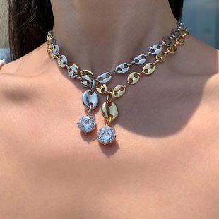 French Style Stainless Steel Pig Nose Pendant Necklace Coffee Bean Earrings Zircon Clavicle Chain Ys362 Chain