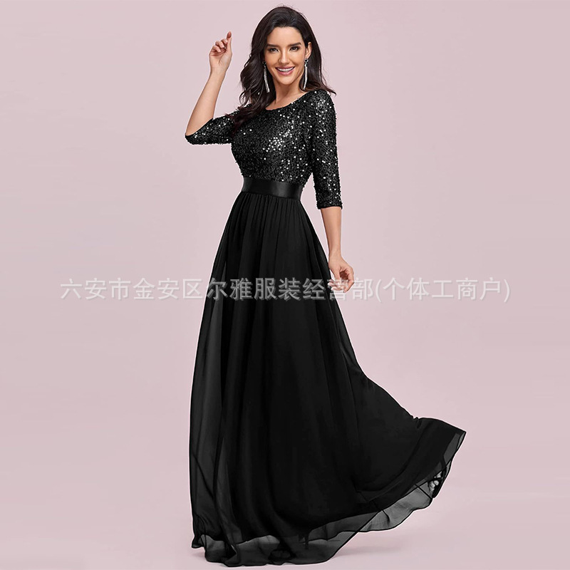 European and American Style Sequined Evening Dress for Women, A-Line Round Neck, Half-Sleeve, Ultra-Long Dress, Slim Fit, Tie-Up Fashion Style European and American Style Sequined Evening Dress for Women, A-Line Round Neck, Half-Sleeve, Ultra-Long Dress, Slim Fit, Tie-Up Fashion Style