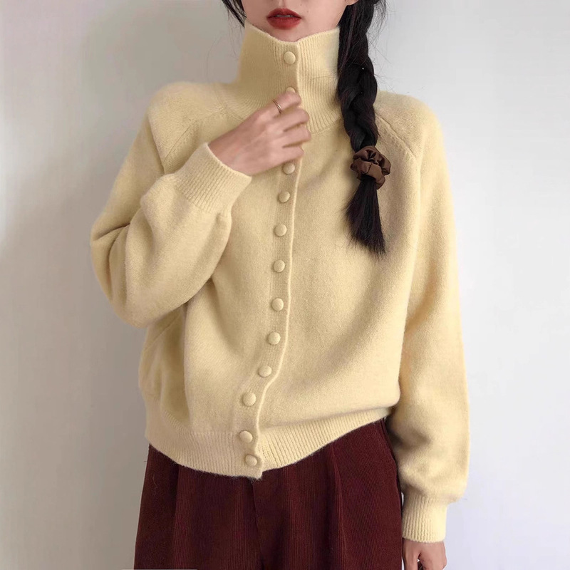 High-Neck Knitted Cardigan for Women 2026 Autumn and Winter New Style Retro Korean Style Lazy Style High-End Loose Sweater Jacket