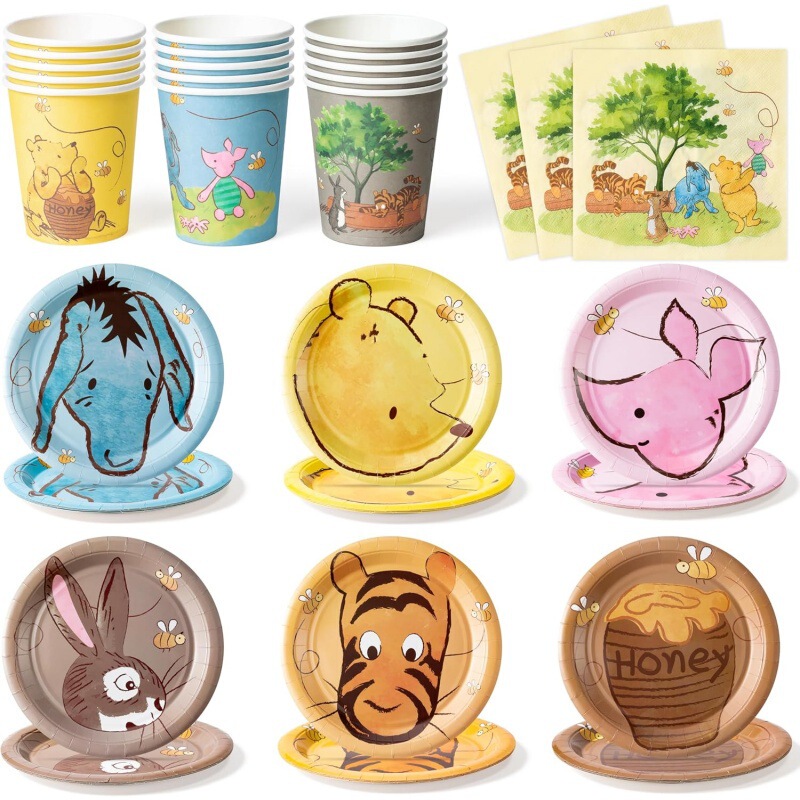 Winnie the Pooh Party Paper Plate Napkin Cup Fork Set Supplies Children's Birthday Decorations Honey Winnie Theme