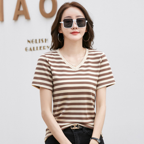 397 华夫格条纹V领宽松短袖T恤夏季新款韩版文艺休闲纯色百搭上衣