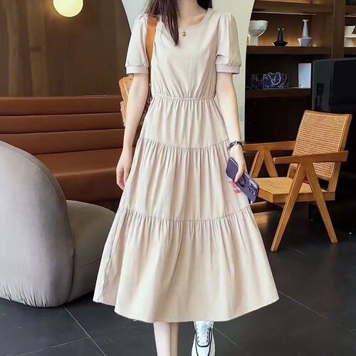 Fashionable casual dress for women 2025 summer new style temperament Korean style waist covering belly and slimming medium and long a-line dress