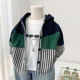 男童外套春秋2025新款韩版儿童拼色帅气连帽上衣中小童休闲衬衫潮