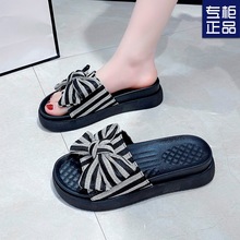 蝴蝶结拖鞋女夏时尚外穿高跟防滑松糕厚底坡跟一字拖平底沙滩凉拖