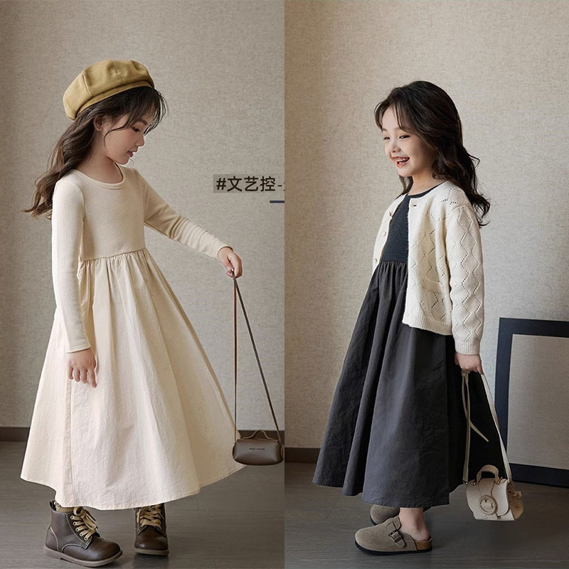 Girl's Western Style Knitted dress 2023 Autumn New Children's Fashionable Stitching Design Artistic Lazy Style Skirt