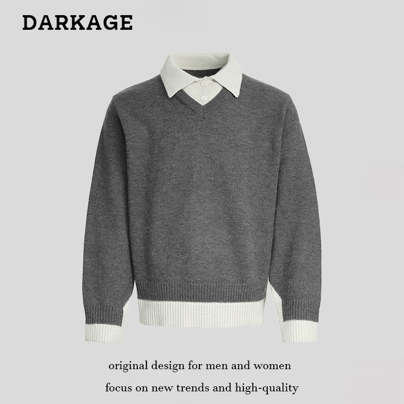 American Retro Fake Two-Piece Lapel Knitwear for Men and Women, Loose Casual Lazy Style Boxy Couple Knitwear Autumn New Style