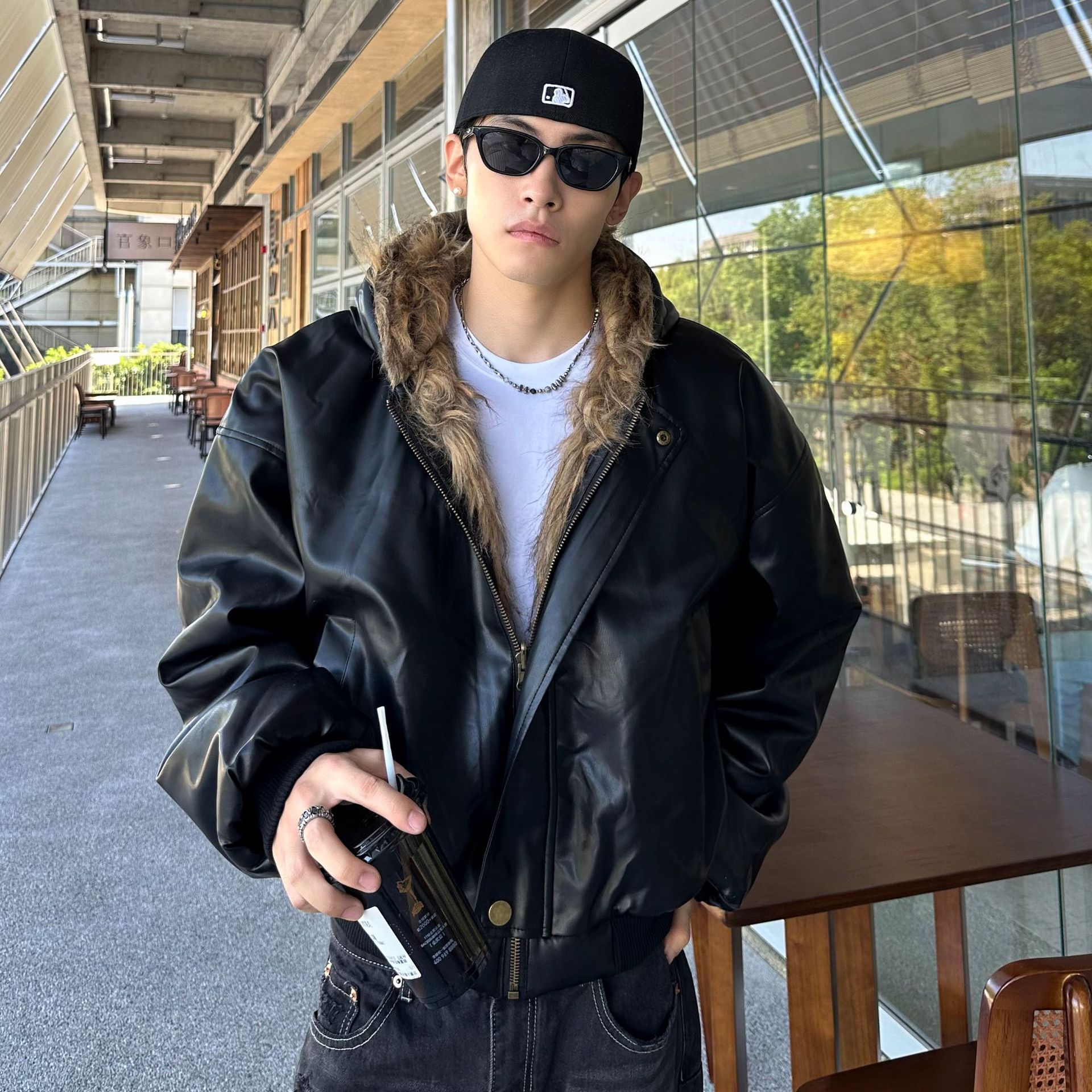 潮牌双两面穿皮棉衣男皮毛一体冬季连帽保暖棉服痞帅仿皮草外套男