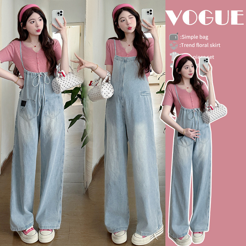 2026 Summer Maternity Wear New Style Reversible Wide-Leg Overalls + Short-Sleeve Knit Set