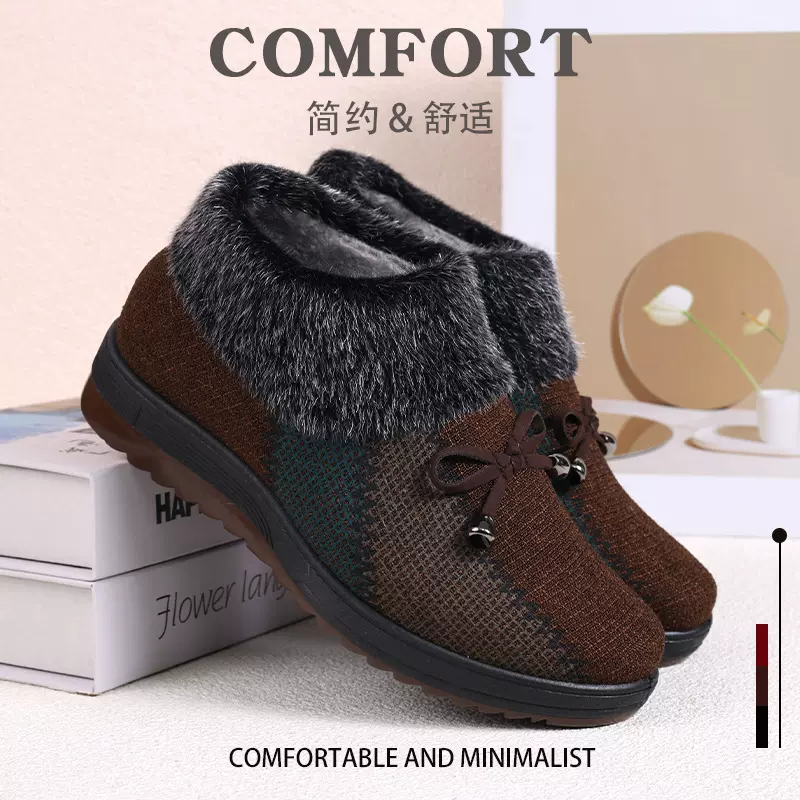 老北京布鞋女士棉鞋冬季加绒妈妈短靴保暖一脚蹬奶奶棉靴防滑耐磨