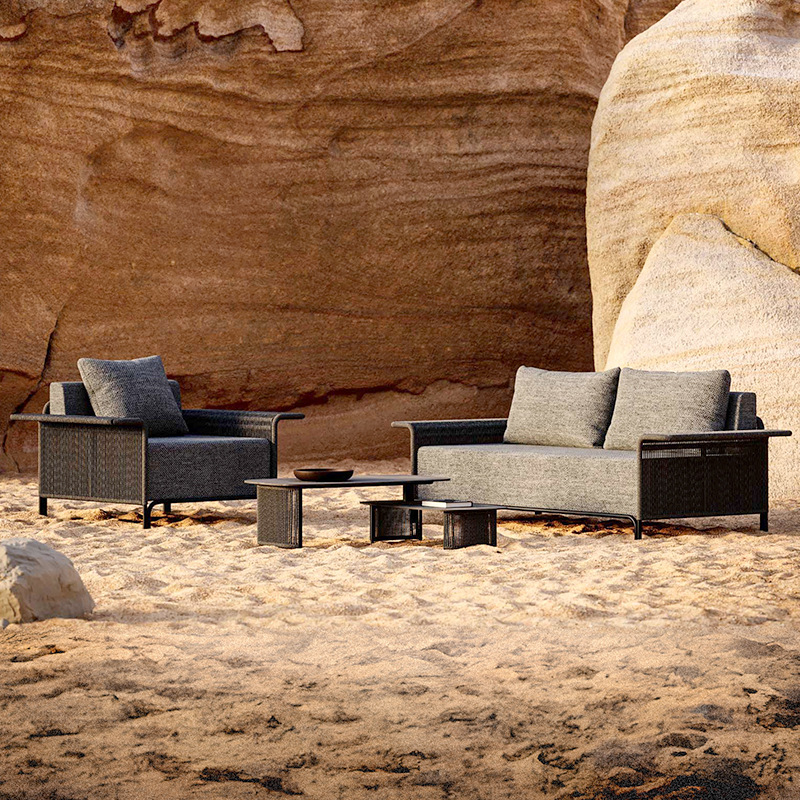 Sofá al aire libre patio trenzado combinación de silla de caña impermeable solar jardín villa terraza de alojamiento nórdico muebles de esquina