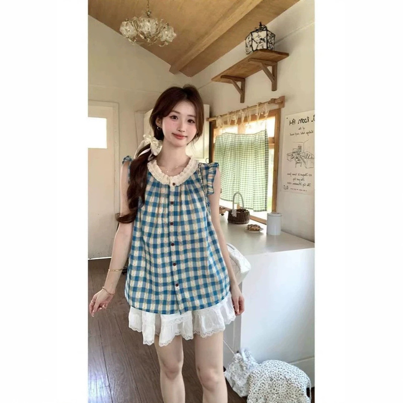Korean Retro Blue and White Plaid Sleeveless Vest Shirt for Women, New Summer Design with Tie Straps, Loose and Stylish Top