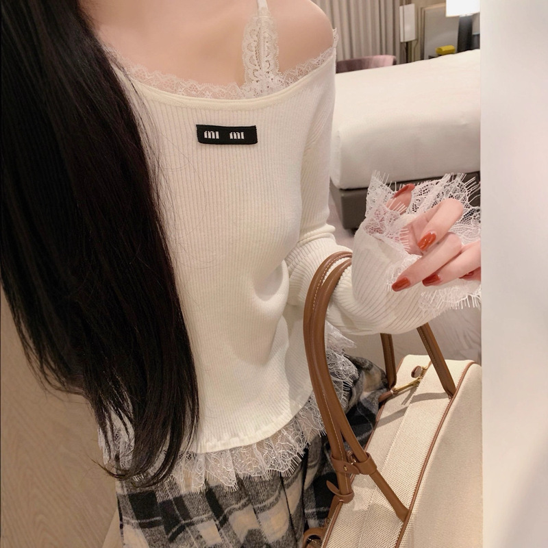 南油韩版纯欲蕾丝边圆领长袖T恤女秋季新款辣妹修身打底上衣女装|undefined