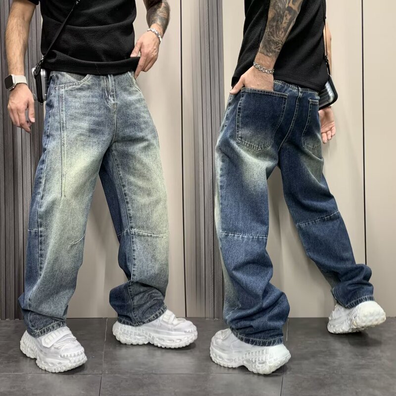 American Retro Two-Tone Washed Jeans for Men, New Loose Straight Wide-Leg Men's Pants