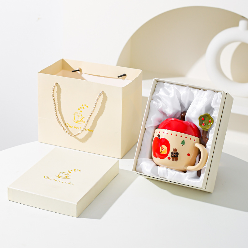 Regalos de Año Nuevo, copas de manzana retrógradas con tapa y cucharas, cajas de regalo para regalo de cumpleaños para amigos.