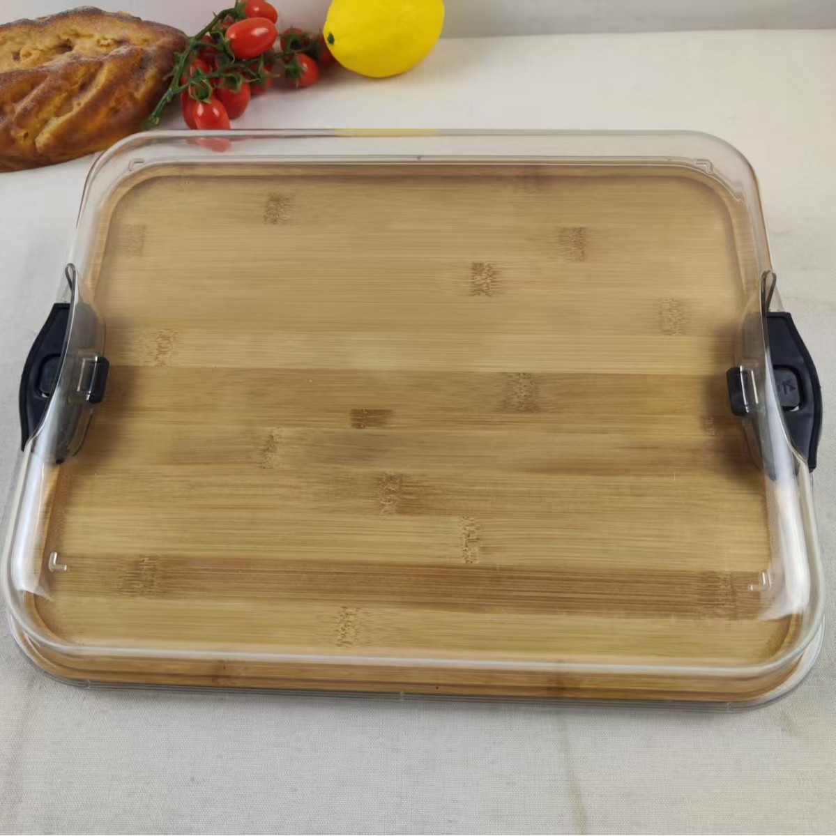 Hot spot tablero de comida cocinada de bambú con cubierta transparente casera de madera sólida snack plato de cocina tablero de queso tablero de corte de verduras