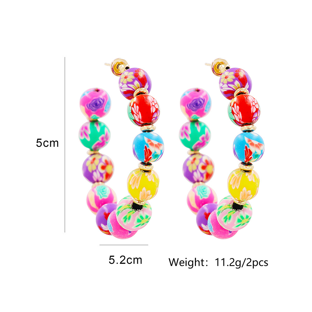 ethnic style C-shaped color beaded flower pattern earrings