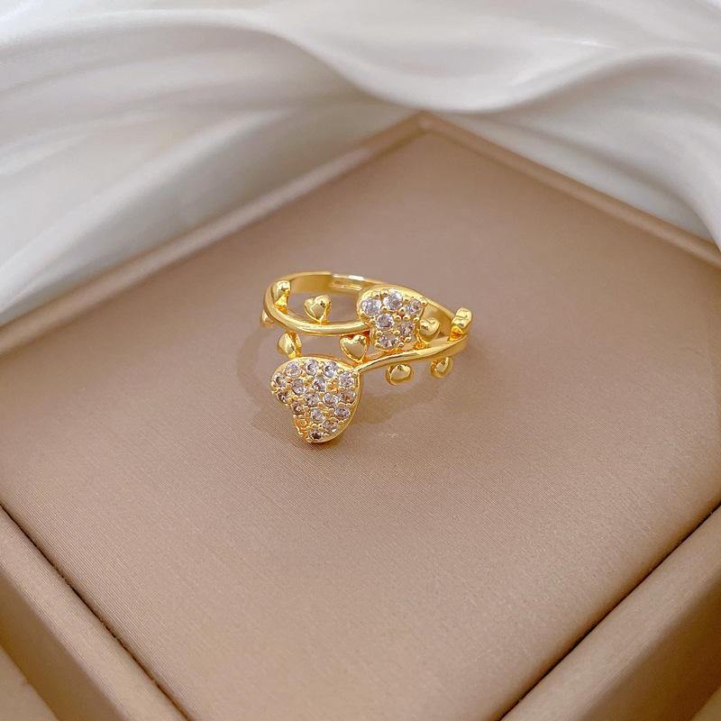 Full Diamond Heart Zirconia Adjustable Ring In Real Gold Style_voghion.com
