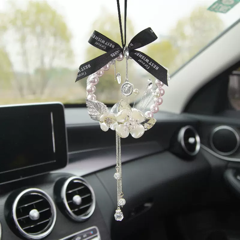 车载挂件花朵镶钻蝴蝶结车用后视镜装饰车挂时尚女性汽车内饰用品