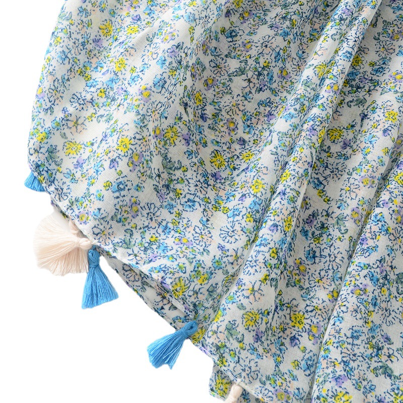 Estilo coreano fresco azul floral viaje Toalla de Playa Larga borla bufanda grande algodón y lino sensación protector solar chal para las mujeres
