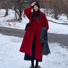 新年紅色毛呢外套女2023秋冬新款韓系長款加絨加厚赫本風聖誕大衣