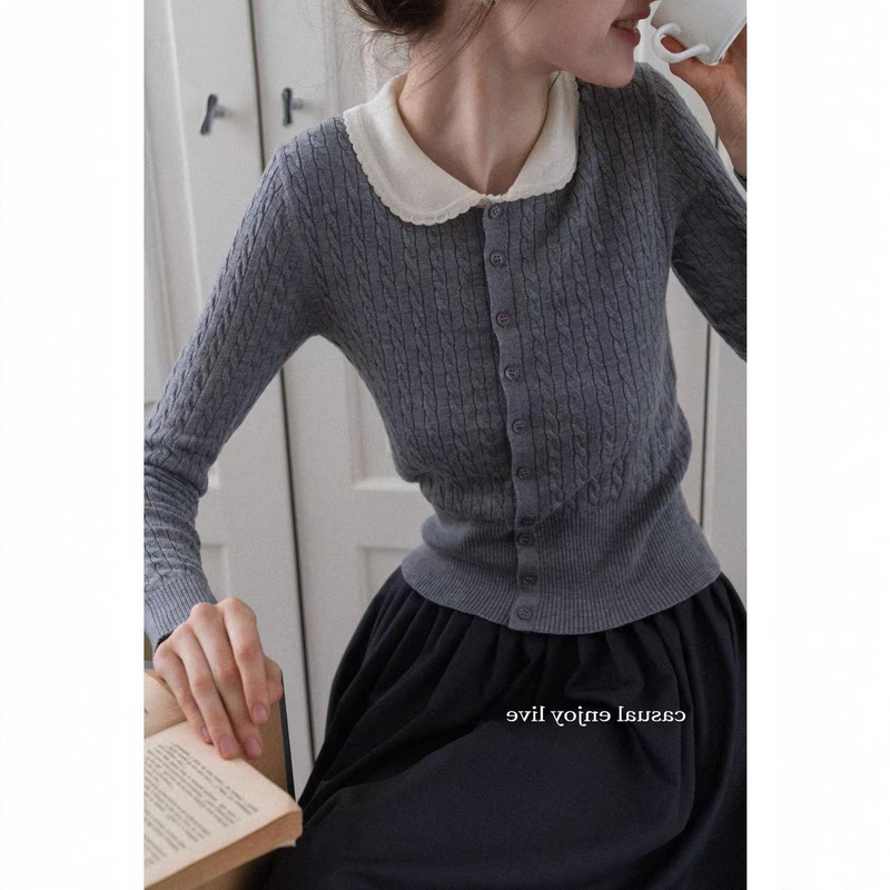 Egka Doll Collar Twist Slim Short Knitwear Women's Early Autumn Cardigan Right Shoulder Elegant Slim Long-Sleeved Top