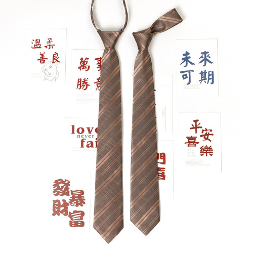 Brown Retro Lazy No-Zip Tie for Women Coffee Color Striped Handmade Tie with Men's Shirt Accessory College Style