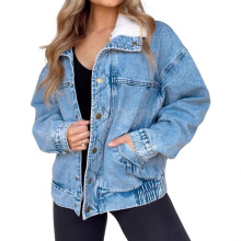 亚马逊跨境新款外贸欧美秋冬夹克牛仔棉宽松毛领翻领双插口袋外套