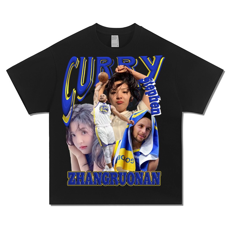 Stephen Curry & Zhang Ruonan Retro Printed Short-sleeved Sports Niche Basketball Jersey Heavy T-shirt Men's Fashion Brand Wholesale
