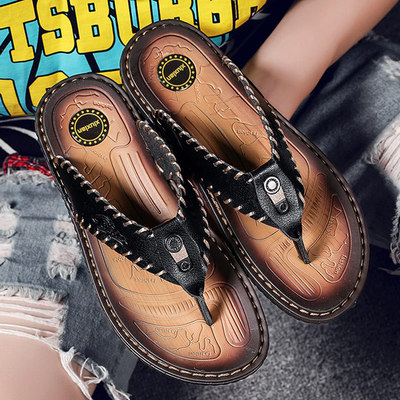 2025 summer wholesale Men's flip flops man Sandals Soft leather leisure time Sandy beach shoes personality slipper Exorcism