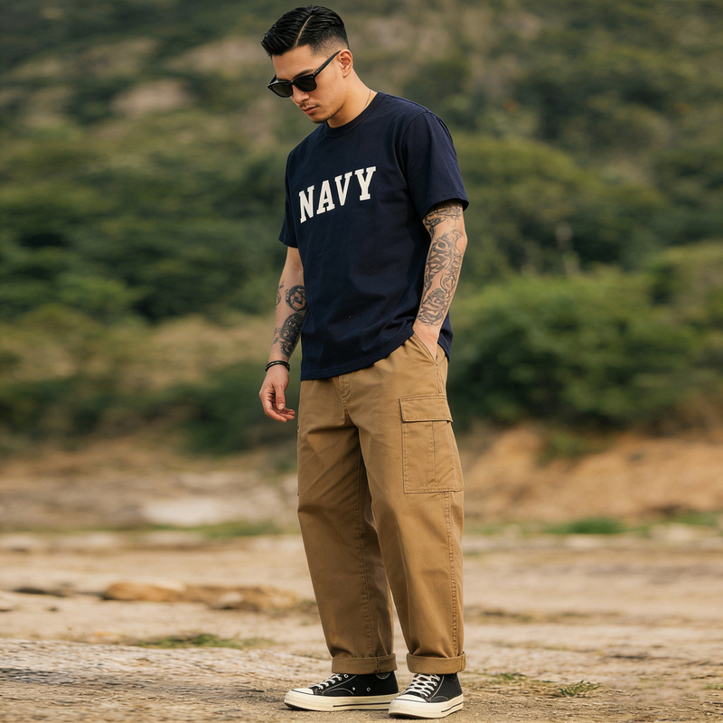 Okonkwo 275g Thickeneded American Retro Letter Round Neck T-Shirt Military Style Navy Heavy Weight Tee