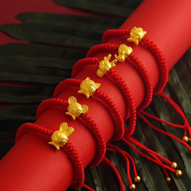 Pulsera de cuerda roja del zodiaco chino estilo nacional aleación de cobre hombres y mujeres cuerda de mano cuerda roja ajustable joyería retro moda nacional