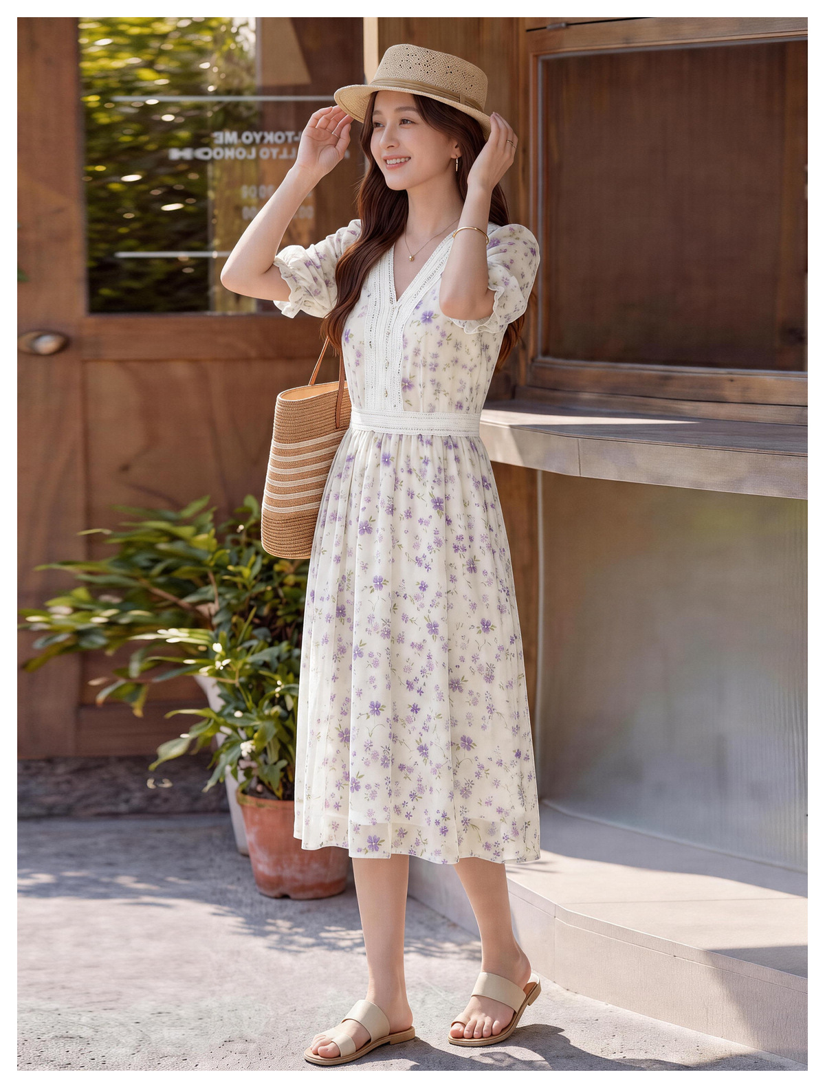 Đầm maxi nữ thắt eo tay ngắn cổ V in họa tiết dáng dài — màu be, màu trắng chi tiết 20
