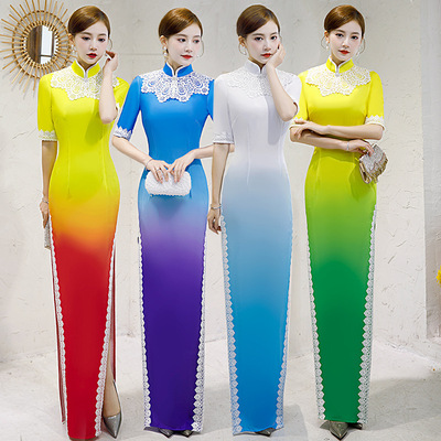 Blue yellow green gradient Chinese dresses for women retro oriental cheongsam Catwalk model show host singers middle-sleeved stage performance qipao cocktail party cheongsam