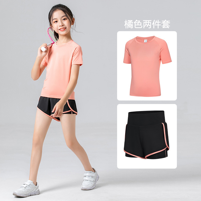 Spring and Autumn Children's Short-Sleeved Sports Suit Shorts Girls' Yoga Training Basketball Quick-Drying Two-Piece Elastic Dance Suit