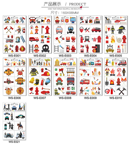 New original waterproof firefighter fire extinguisher promotional tattoo stickers children's fire truck cartoon tattoo stickers