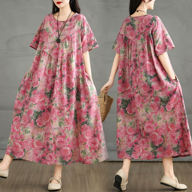 Рекордная стрельба 2025 новый летний ретро хлопок льна с круглым вырезом