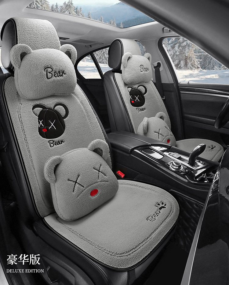 Cross-border winter car plush cushion single-piece rear lambswool cute bear cartoon cushion non-slip three-piece set