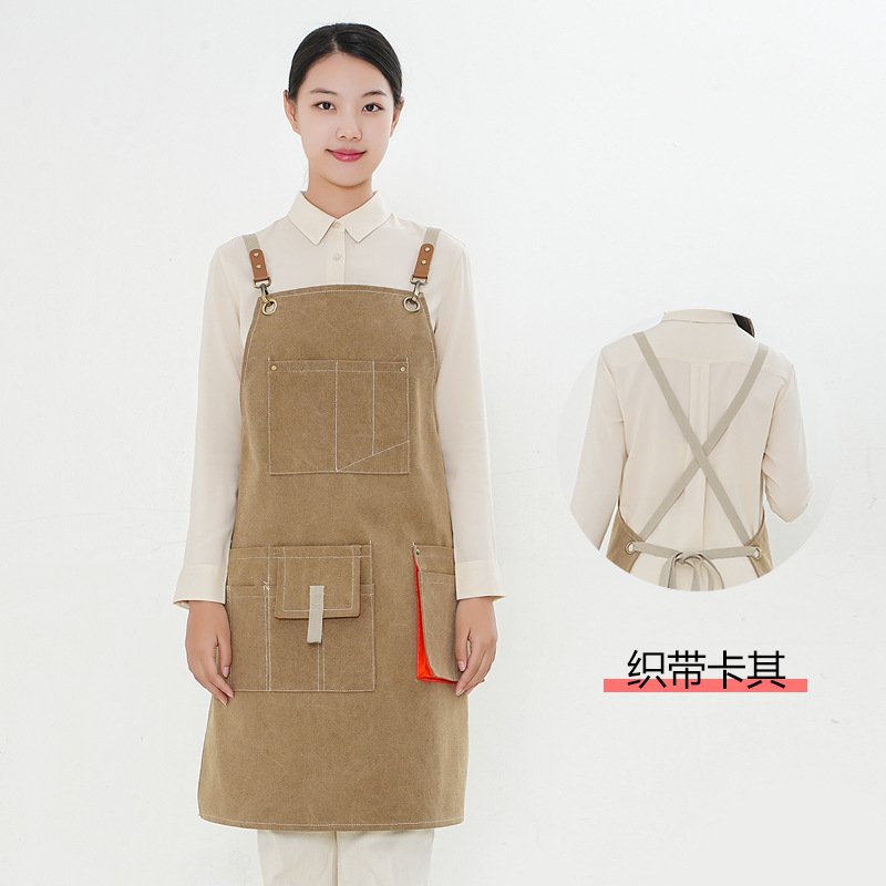 Amazon grueso delantal de lona cinturón de cinta opcional multi-Bolsillo cafetería Barber monos delantal por mayor