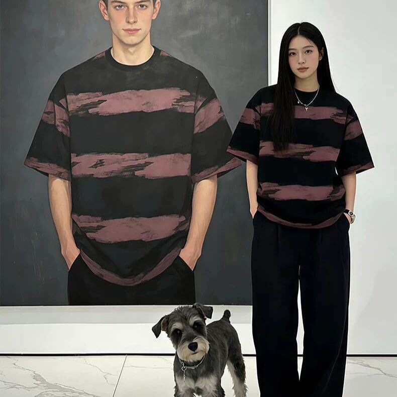 Dopamine Purple Tie-Dye Striped Short-Sleeved Shirt for Men, Summer American Retro Couple Half-Sleeved Lazy Style Top Dopamine Purple Tie-Dye Striped Short-Sleeved Shirt for Men, Summer American Retro Couple Half-Sleeved Lazy Style Top