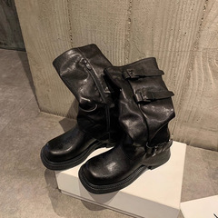 牛皮版皮带扣马丁靴女骑士真皮靴子厚底废土风中长筒靴西部牛仔靴