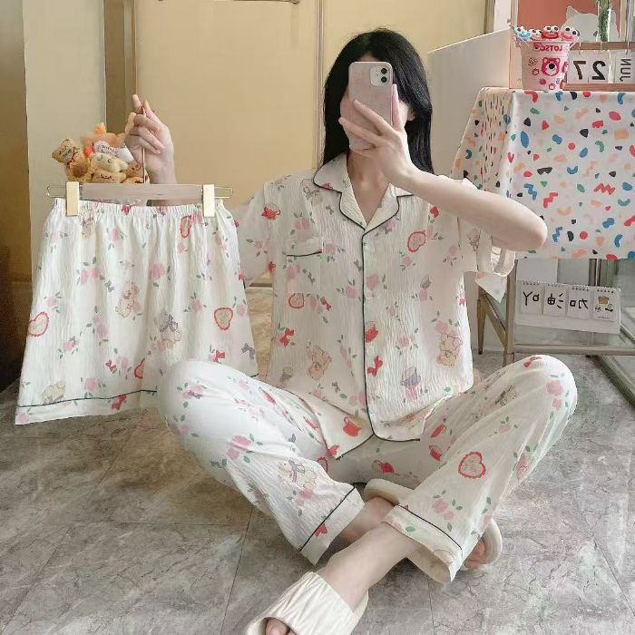 Venta al por mayor transfronteriza 120g pijamas de algodón de nube de verano de manga corta para mujer pantalones cortos de algodón de nube de verano de tres piezas servicio a domicilio de dibujos animados