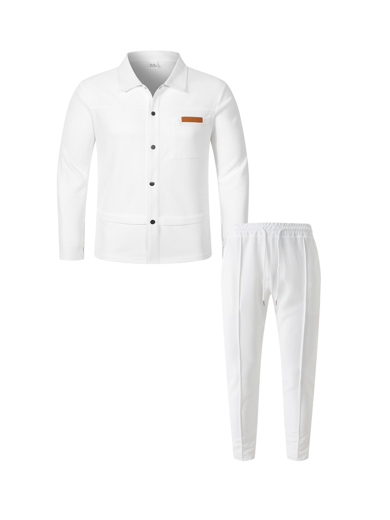 Men's Waffle Texture Lapel Button Casual Set Long Sleeve Top Pants_voghion.com
