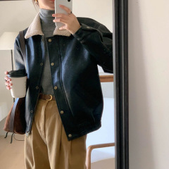 法式复古小众设计撞色翻领保暖机车PU皮衣外套女宽松休闲上衣