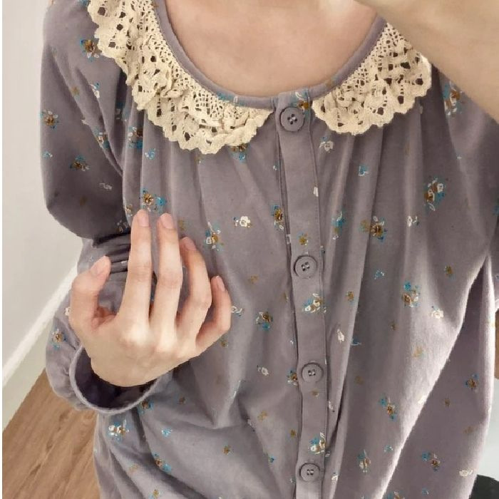 ins日系甜美碎花云朵棉睡衣女带胸垫春秋长袖蕾丝花边家居服套装|undefined