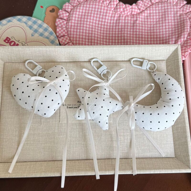 Forest Style Retro Small Fresh Black and White Polka Dot Heart Five-Pointed Star Ribbon Keychain School Bag Pendant Versatile Accessories Forest Style Retro Small Fresh Black and White Polka Dot Heart Five-Pointed Star Ribbon Keychain School Bag Pendant Versatile Accessories